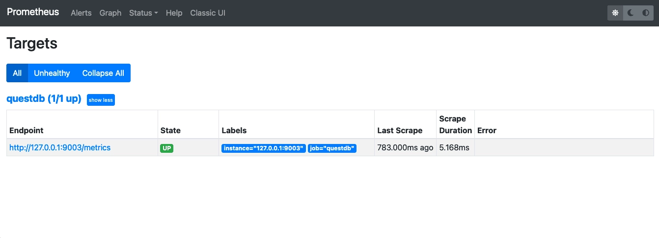 Prometheus targets tab showing a QuestDB instance status